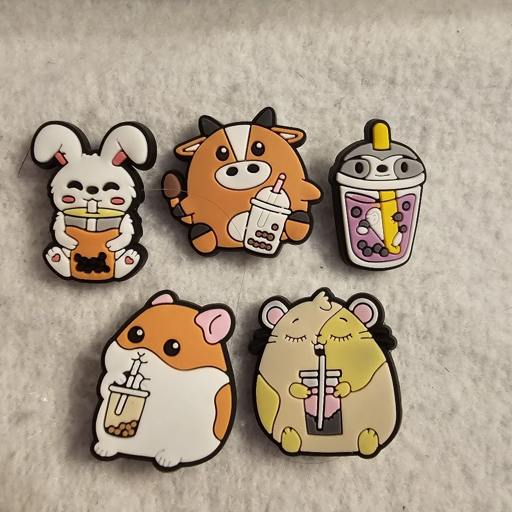 Jibbitz With Hamster Sloth and Boba Tea Theme Croc Shoe Charms Bundle Of 5